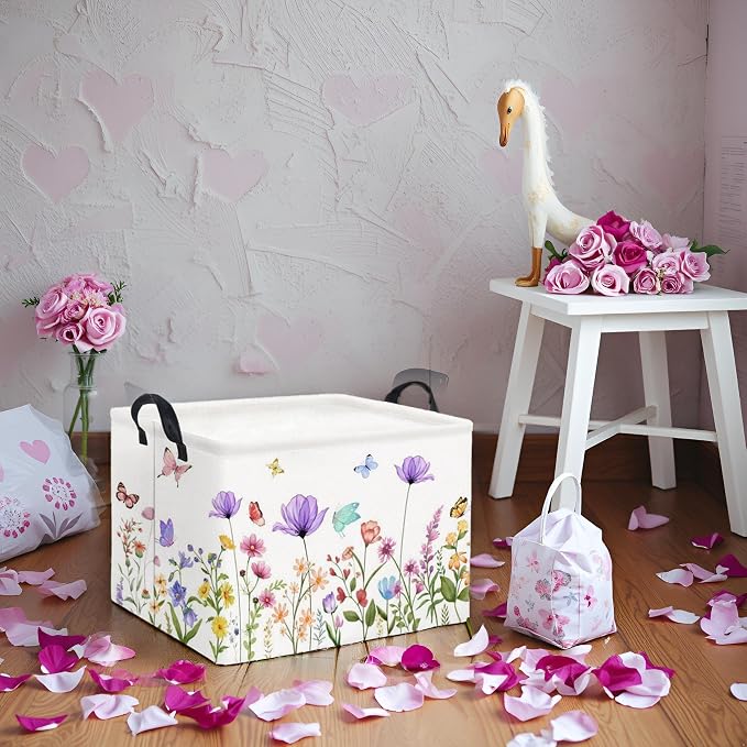 Rectangular Baby Girl Basket Kids Baby Storage Basket Storage Bin Organizer Box Room Decor(Purple Flower)