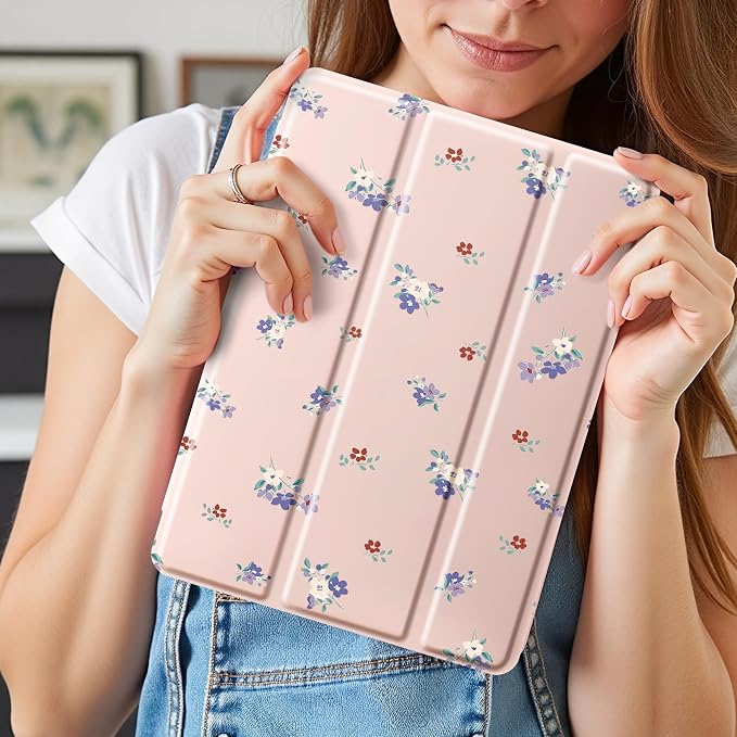 Cute Purple Flower Case for 9.7" iPad 5th/6th Generation, Clear TPU Smart Stand Back Cover with Pencil Holder, Auto Wake/Sleep Foldable Protective Case for iPad 2017/2018