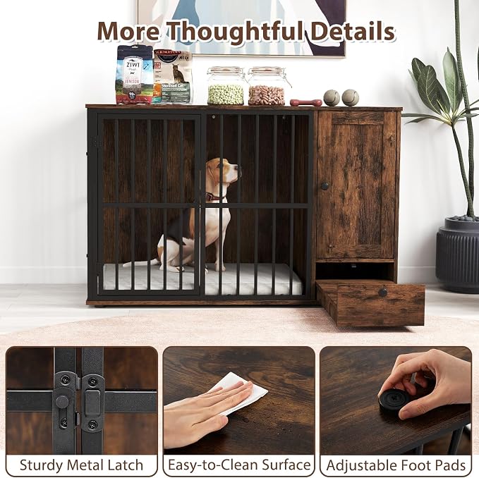 PETSITE 47.5-inch Dog Crate Furniture, Heavy-Duty Wooden Dog Kennel with Hidden Bowls in Pull-Out Drawer, Storage Cabinet, and Chew-Resistant Metal Frame, Industrial Style for Small & Medium Sized