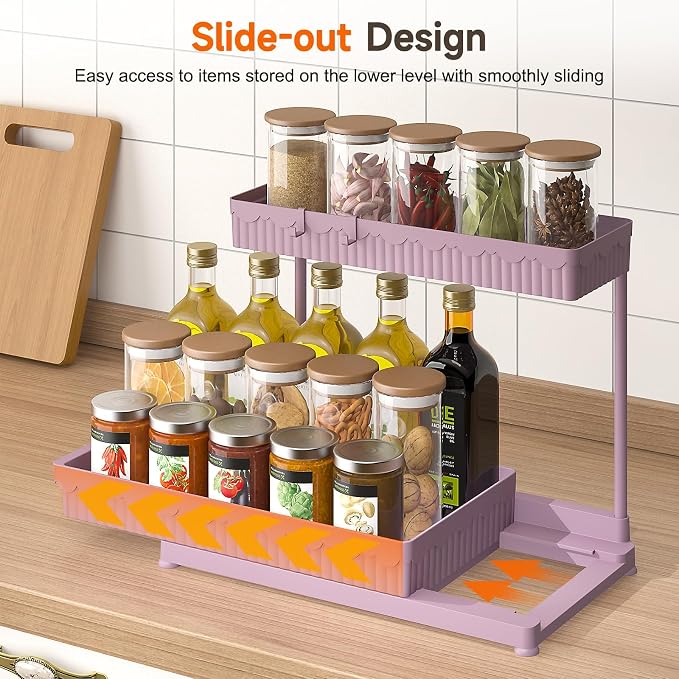 3-Pack 2-Tier L-Shaped Under Sink Organizers with Sliding Drawers | Multi-use kitchen & bathroom storage, 14.85 inch pink cabinet organizer, space-saving sliding drawer design.