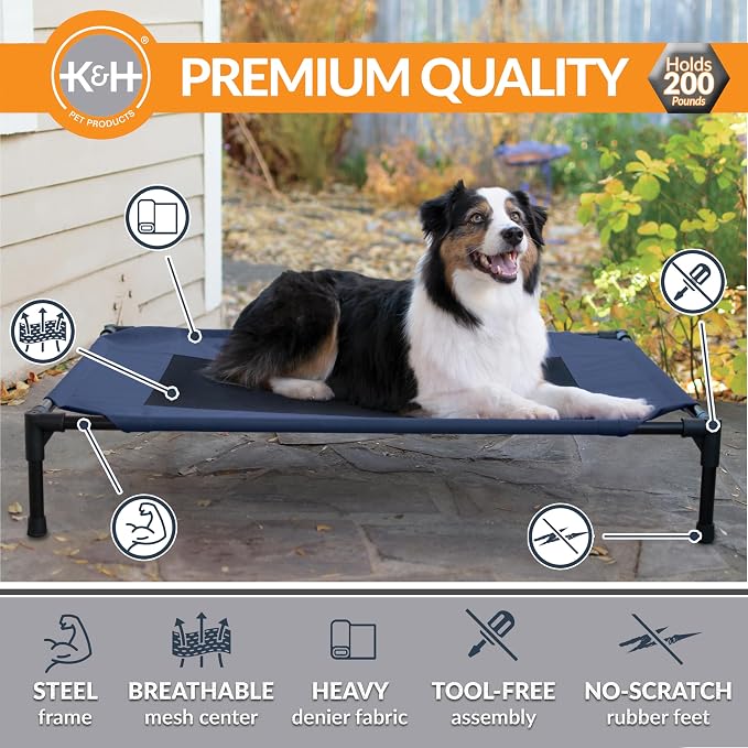K&H Outdoor Elevated Dog Bed, Cooling Raised Dog Bed, Blue, Large 42x30in | Pet Cot for Medium & Large Pets, Breathable Mesh Center Hammock Design, Indoor/Outdoor Washable Cover, 42x30in
