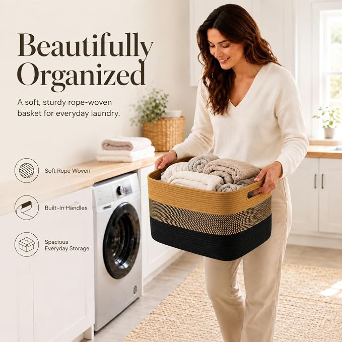 15.4GAL Rope Laundry Basket for Dorm, Cute Boho Square Woven Basket for Living Room Throws Pillow Blanket Storage, Short Dirty Clothes Hamper for Baby Girls Boys Toys Stuffed Animal Towel Khaki Black