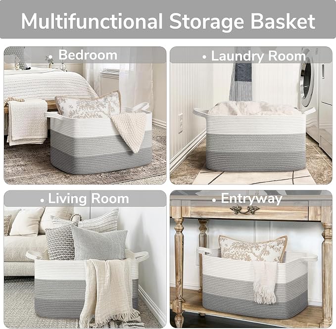 Goodpick Large Woven Rope Blanket Basket, Rectangle, Light Gray | 21.6'' x 14.9'' x 11.8'' Storage Basket for Blankets, Pillows & Toys, Living Room & Nursery Organization, Reinforced Handles