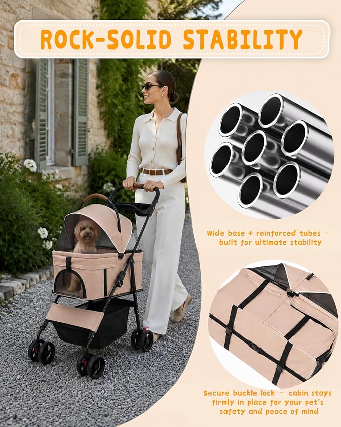 Pet Stroller, 3 in1 Foldable Dog Cat Stroller with Detachable Carrier-Khaki | 35lbs Lightweight Foldable Dog Stroller, All-Terrain 4 Wheels, Compact Travel Pet Stroller for Small to Medium Pets
