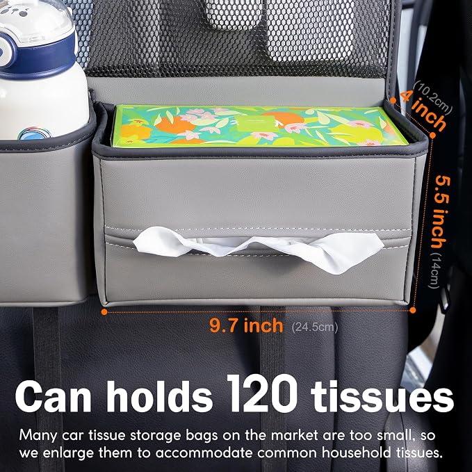 Multifunctional Car Seat Back Organizer with Large Tissue Box Holder, Large Water Bottle Storage, Phone Pouch for Road Trips (Gray)