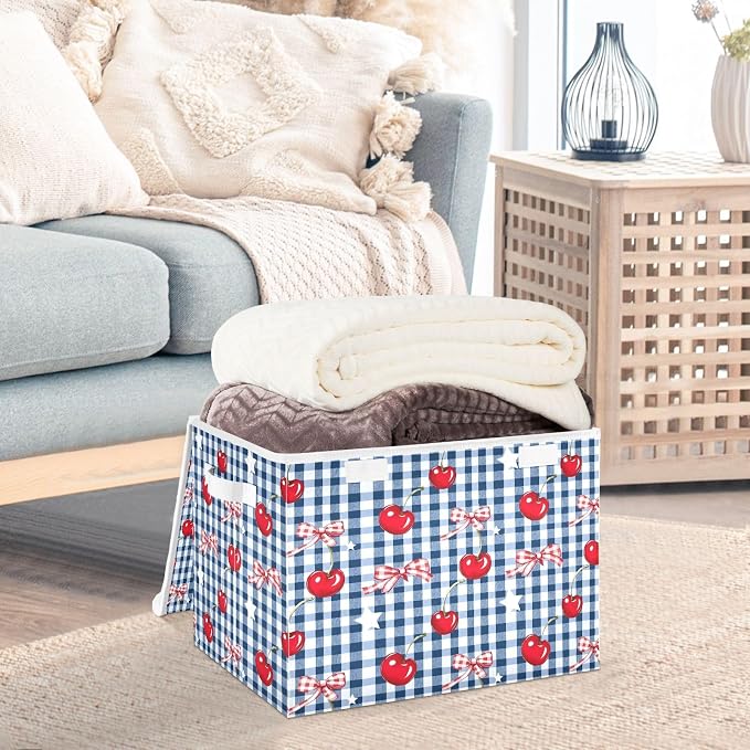 Cherry Gingham Fabric Storage Bins with Lid Foldable Storage Boxes Baskets | Decorative Storage Boxes, Foldable & Stackable, Dust-Proof Flip Top, Reinforced Handles, For Home & Dorm, Clothes & Toy Box