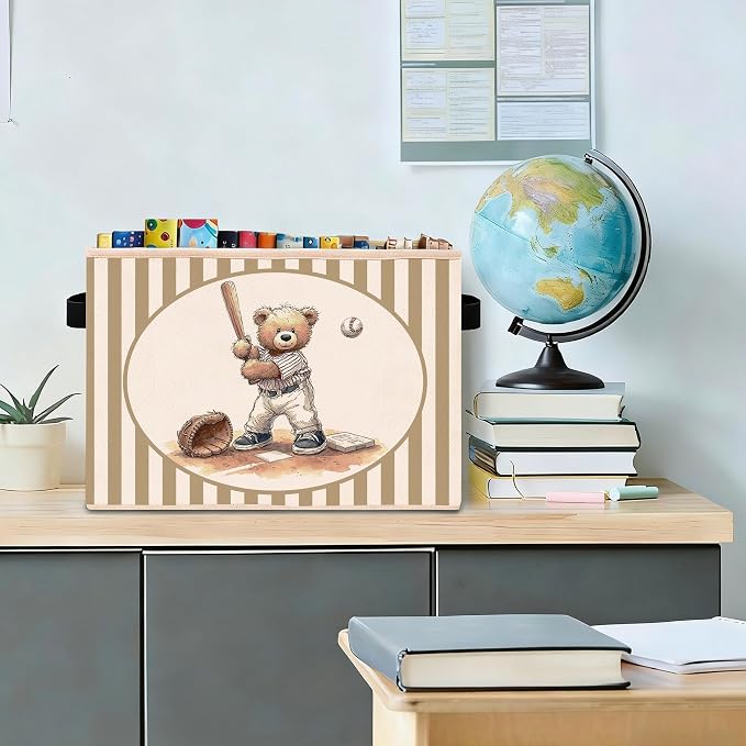 Baseball Teddy Bear Beige Stripe Foldable Fabric Storage Bin | Baseball teddy bear beige stripe design; foldable fabric storage bin for kids room, nursery, playroom, toys, books.