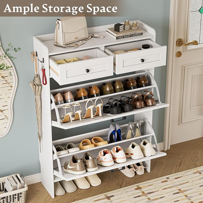 BORNOON Shoe Storage Cabinet for Entryway, Farmhouse Narrow Shoe Cabinet with 2 Flip Drawers & Top Drawers, Adjustable Shelves & Hooks, Freestanding Hidden Rack Organizer for Hallway, Foyer