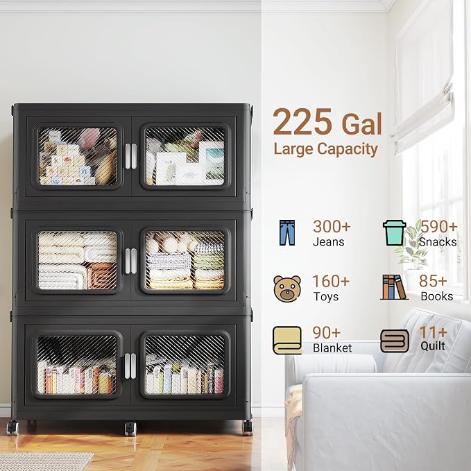 BROVIEW 900 Qt Extra Large Stackable Storage Bin with Lids, 3 Pack Black | 225Gal Extra Large, Collapsible Storage Boxes with 3 Lids, Folding& Rolling Plastic Drawer, Heavy-Duty Cabinet Organization