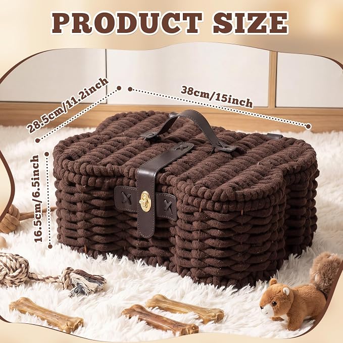 Novabright Bone Shaped Dog Toy Basket with Lid, Cotton Rope Woven Pet Toys Bin with Latch and Handle, Handmade Dog Toy Organizer Storage Brown Bin for Puppy 15" x 11.2" x 6.5"
