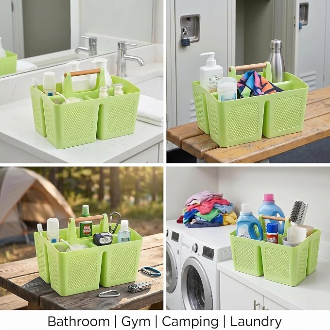 Haundry Plastic Green Shower Caddy Basket with 3 Compartments, Portable Divided Bathroom Cleaning Caddy Organizer Storage Tote with Handle for Dorm, College, Room Essentials