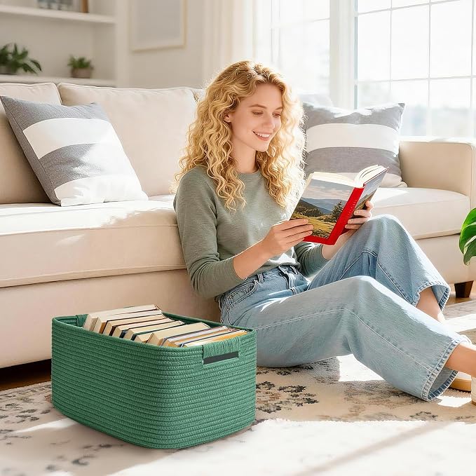 3 Pack Large Storage Basket for Organizing, 17.5"x13"x7" Woven Basket for Shelves, Closet Cube Storage Bins with Wrapped Handle, Cotton Rope Baskets for Kitchen, Clothes, Toys(Green)