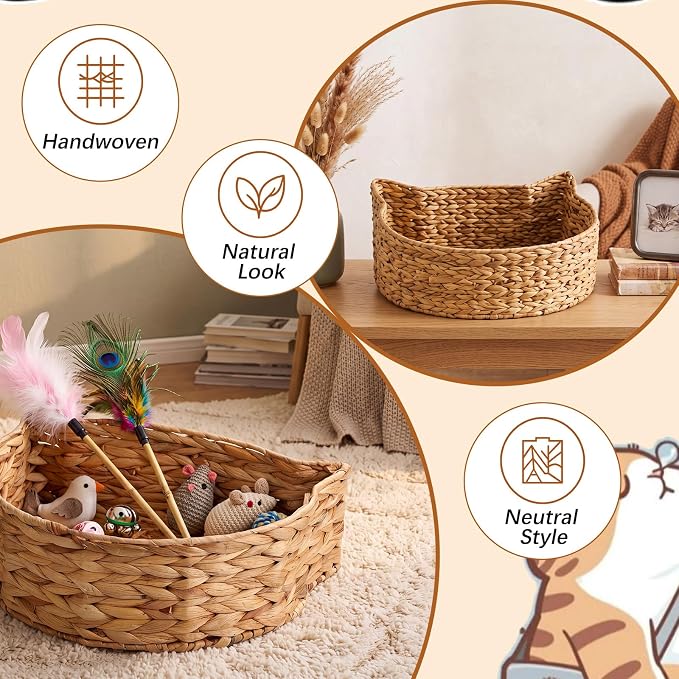 16×12×5 Inch Handwoven Cat Head Toy Storage Basket Natural Woven Bin Organizer for Gift Pet Toy Towels Blanket Clothes