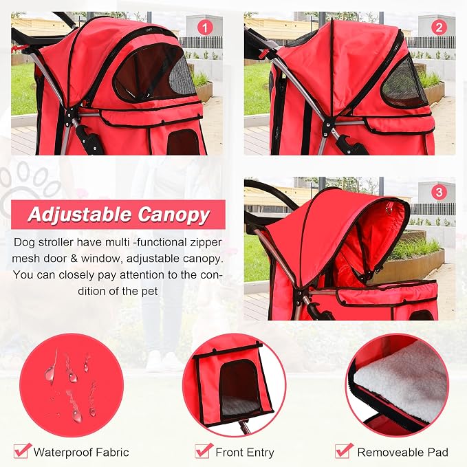BLKMTY Folding Dog Stroller, 3 Wheels Pet Stroller, Foldable Cat Strollers Waterproof Travel Carrier Strolling Cart for Puppy Jogger with Cup Holder & Storage Basket, Red