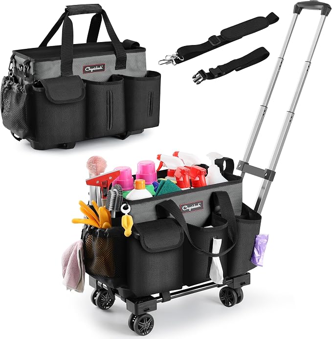 Chyaidach Rolling Cleaning Caddy, Cleaning Supplies Organizer with Trolley, Wearable Cleaning Tote Bag on Wheels with Hard Bottom, Cleaning Carts for Housekeepers/Home/Car/Office/Picnic (Grey)