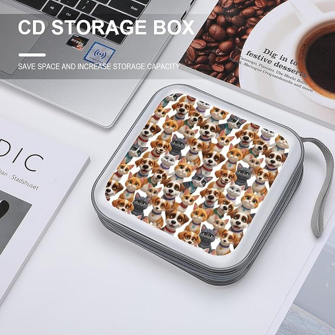 Portable 40-Capacity DVD Storage Binder Puppies And Kittens, Hard Case CD Holder with Zipper, Organizer for Music Movies Game Discs