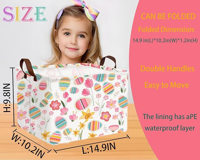 Large Rectangular Easter Baskets Empty Waterproof Boy Toy Box Foldable Kid's Gifts Storage Bin Spring Room Decor(Tulip Flower Egg)