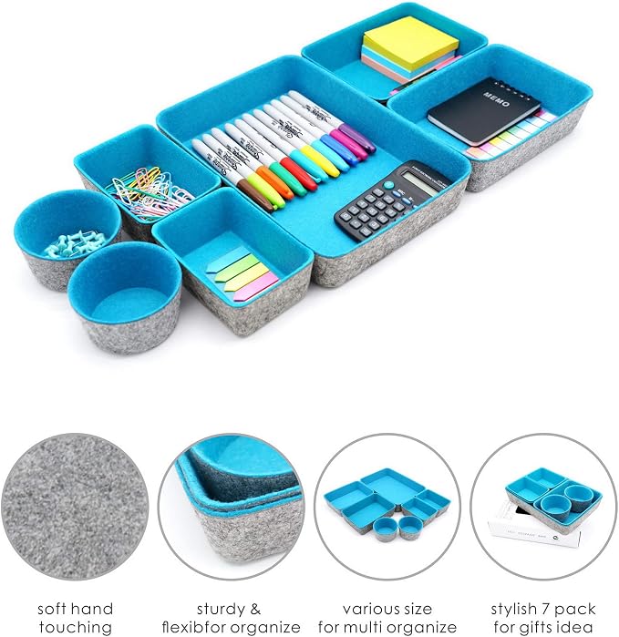 Welaxy Drawer organizers bins felt tray desk storage bins dividers small organizing box for office supplies closet cabinet makeup holder Fall room decor 7-piece (Turquoise)