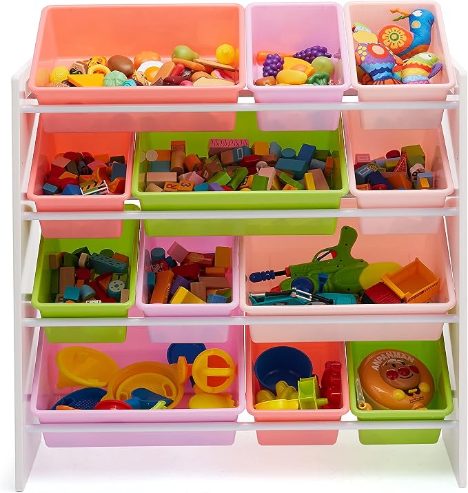 Amazon Basics Kids Toy Storage Organizer with 12 Plastic Bins, White Wood with Pink Bins, for Bedroom and Playroom, 33.85"D x 12.79"W x 35.42"H