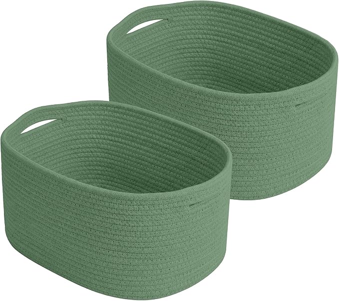 ECDYQXVU 15x10x9 Inch Woven Cotton Rope Storage Basket, 2 Pack | Foldable Design, Built-in Handles, Space-saving Organizer for Living Room, Bedroom, Laundry, Shelves, Clothes, Towels
