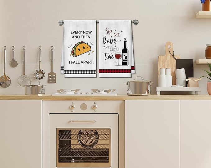 Kitchen Towels Set of 2, Tacos and Wine Dish Towel for Kitchen, Decorative Hand Towels for Bathroom, Fast Drying Tea Towel with Funny Sayings, Housewarming Xmas Gifts for Women Mom -B17