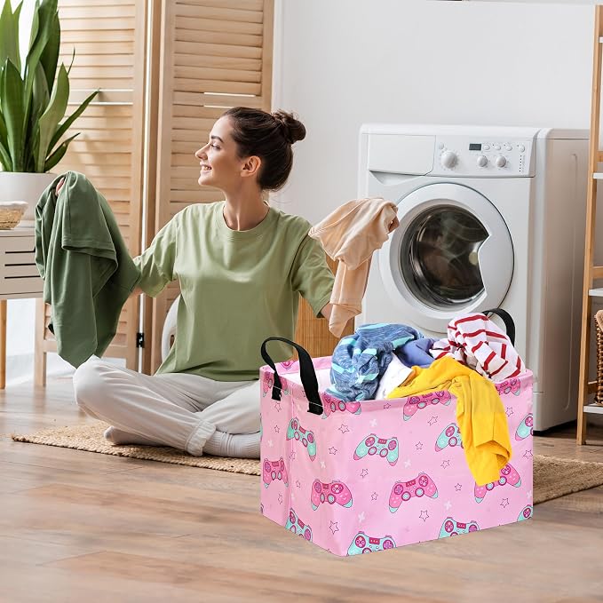 MAIZMZ Girls Storage Basket,Pink Controller Print Kids Hamper,Waterproof Lining, Leather Handles, Collapsible for Gamer Girls, Toys, Clothes, Gift Basket
