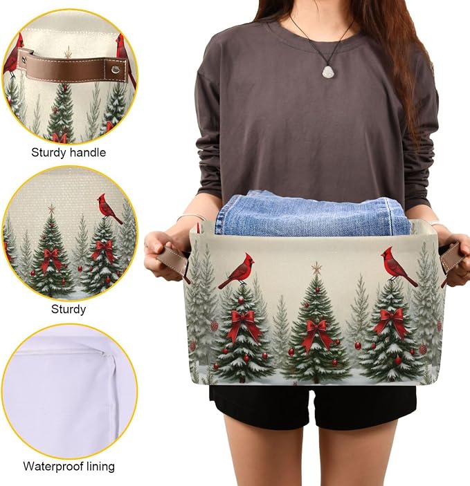 Christmas Tree Cardinals Birds Storage Basket with Waterproof Liner and PU Handles Winter Xmas Tree Bow Storage Bins Boxes 14.2" Collapsible Decorative Organizer Baskets for Bedroom Office 1 Pack