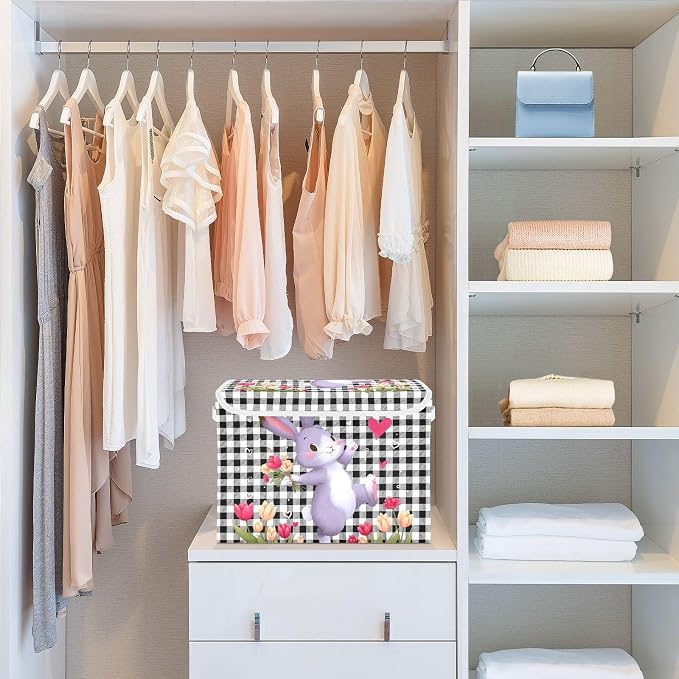 Love Rabbit Fabric Storage Bins with Lid Closet Bedroom 40L Storage Basket | Foldable & Stackable, Flip Top Dust Guard, Reinforced Handles, Home & Bedroom, Clothes & Toys, Rabbit Print Basket