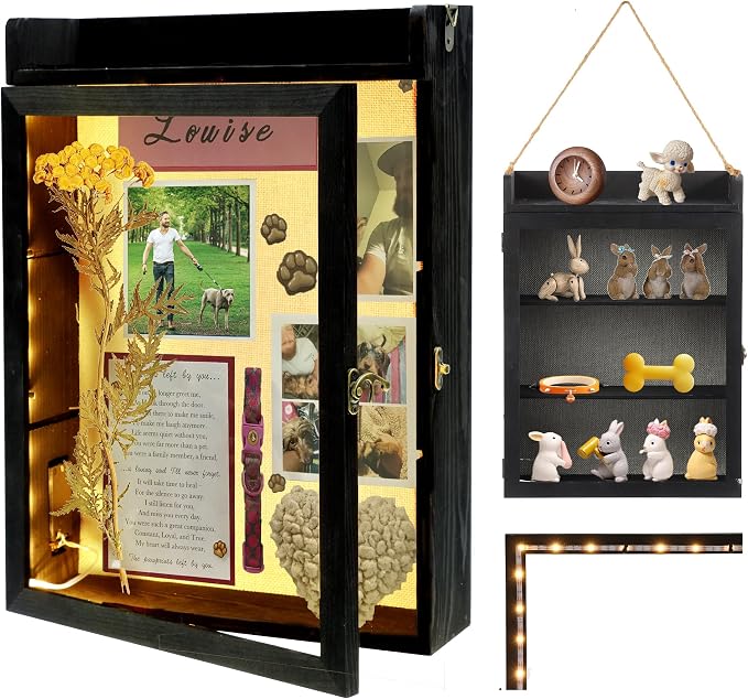 11x16 Dog Memorial Shadow Box Frame with Shelves, Black