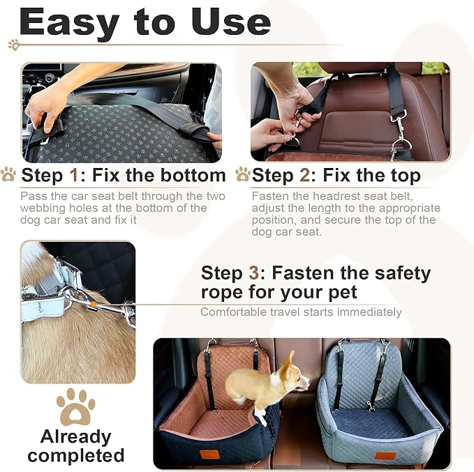 Dog Car Seat for Small Dogs,Pet Safety Travel Bed with 3Seatbelt-Black/Grey | Storage Pockets,Non-Slip Bottom,Memory Foam with Detachable Washable Cover and Easy to Install