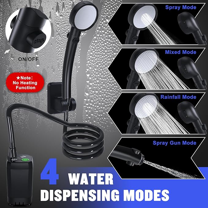 Portable Shower for Camping, [Long-Lasting] 6000mAh Rechargeable | Camping Shower with Intelligent LED Display, 4 Spray Modes, IPX7 Waterproof Outdoor Camp Pump for Hiking, Travel, Car, Pet