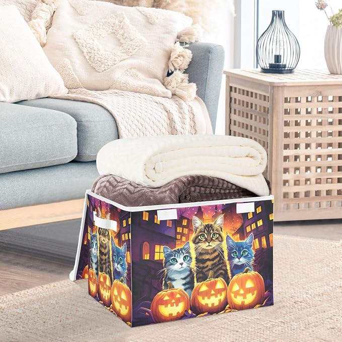 Fabric Storage Bins with Lid Halloween Cat Closet Storage Basket 40L | Decorative Storage Boxes, Foldable & Stackable, Dust-Proof Flip Top, Reinforced Handles, For Home & Dorm, Clothes & Toy Box