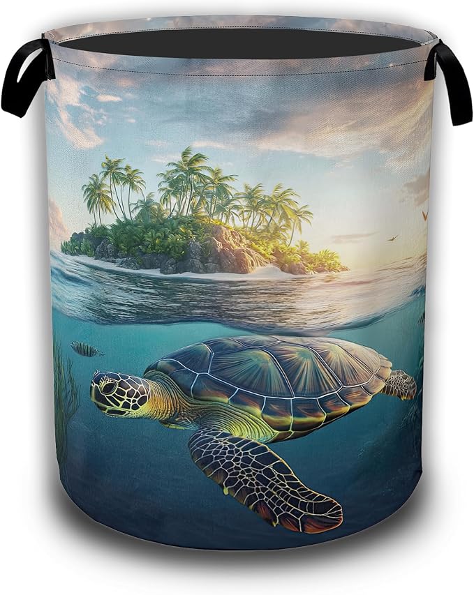 Sea Turtle Tropical Island Laundry Hamper,Laundry Baskets,Waterproof Oxford Cloth Toy Storage for Bedroom,Bathroom,Nursery,16x20.8 Inch