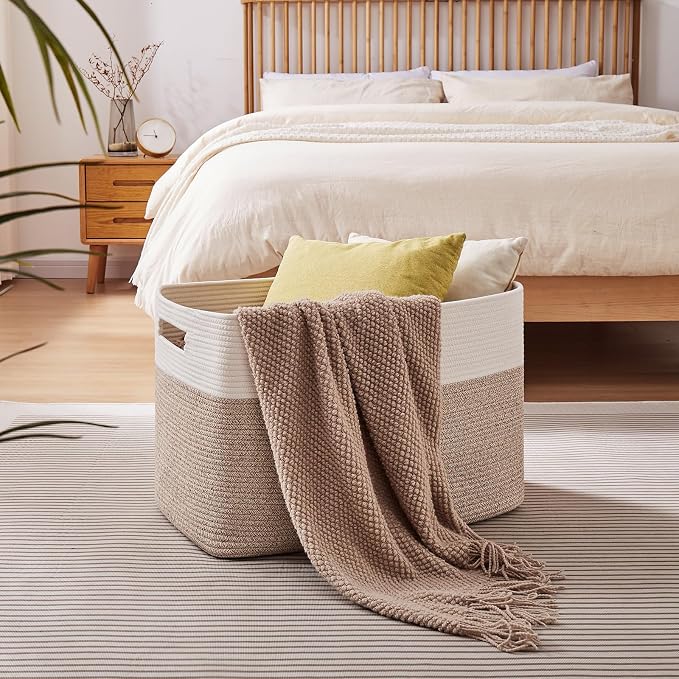 OIAHOMY 108L Extra Large Blanket Basket, 25”x16”x16” Laundry Basket, Blanket Storage for Living Room, Dog Toy Storage with Handle - Brown & White