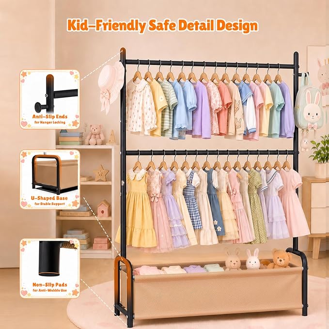 Kids Clothes Rack with Double Rod Height Adjustable Clothing Rack Black | Storage Basket & Hooks, Height Adjustable Kids Clothes Rack, Portable Baby Dress Up Garment Rack for Princess Dresses