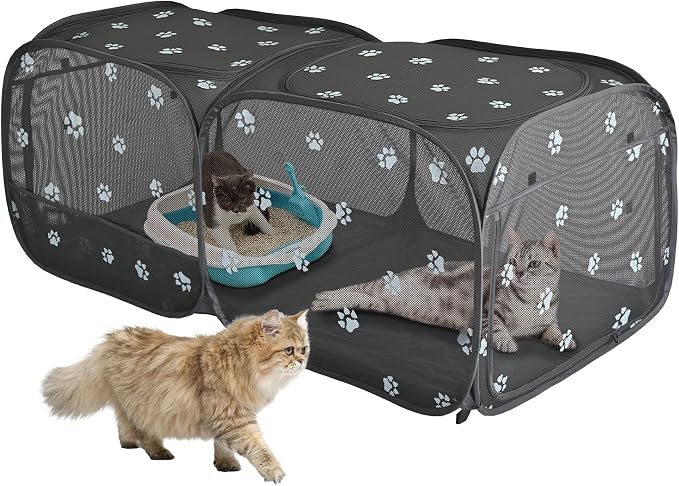2-in-1 Dog Playpen 58''Pop Up Cat Pet Playpen, Assembly-Free Indoor Outdoor Kitten Enclosure, Breathable Cat Cage Portable Puppy Tent Crates,Spacious Kennel for Small Animals, No Confinement Feel(M)