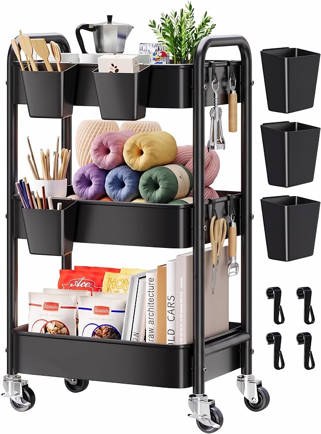 3 Tier Rolling Cart Metal with Wheels, Black Three Tiered Art Cart Organizer on Wheels, Storage Utility Trolley Carts for Kithcen, Craft, Nail, Lash, Makeup, Salon,Bedside, Bathroom, Office, Snack
