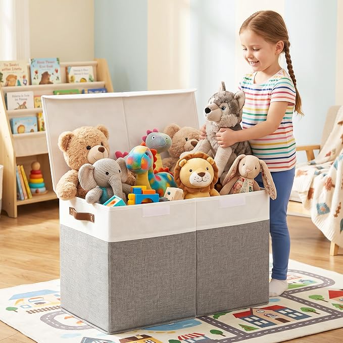 Large Toy Storage Box with Lids, Collapsible Sturdy Baby Storage Organizer Chest Bin Basket for Kids, Boys, Girls, Playroom, Nursery, Bedroom, Closet 25"x13"x16" (Gray and White)