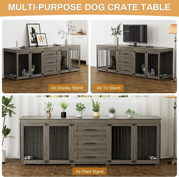OUYESSIR 94.5" Double Dog Crate Furniture for Medium Large Dogs, Grey | Extra large dog kennel fits 2 Medium or large dogs, 3 Storage Drawers, 4 removable Stainless steel dog bowls, Solid Wood