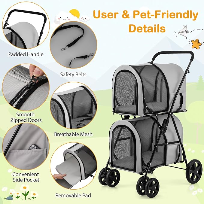 Giantex Double Pet Stroller with 2 Detachable Carrier Bags, Safety Belt, 4 Lockable Wheels, Folding Cat & Dog Stroller for Small Medium Pets, Cats Dogs Puppy Travel Strolling Cart (Gray)