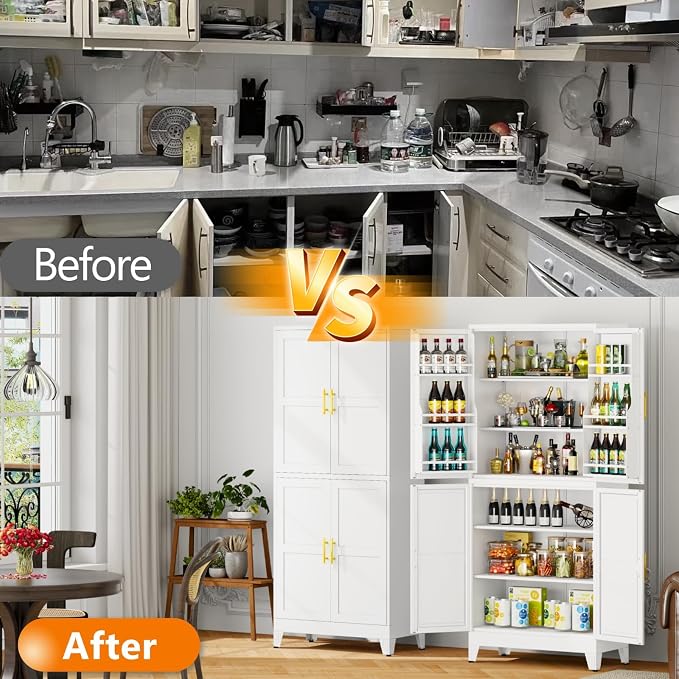 GAIOUS 74.8" Tall Metal Food Cabinet, White Kitchen Pantry Cabinet Cupboard | Food Storage, Kitchen Organizer, Storage Cabinet with 4 Door and 4 Adjustable Shelves, Steel Freestanding, for Dining Living