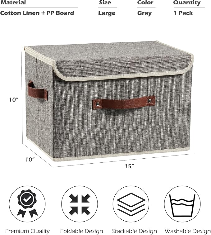 Storage Boxes with Lids Cotton Linen Fabric Bins Baskets | Decorative Collapsible Washable, Clothes Container Organizer for Closet Shelf, w/ Faux Leather Handles, Gray, Large