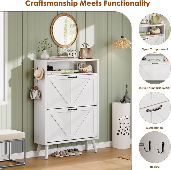 Shoe Storage Cabinet with 2 Flip Drawers for Entryway,White | Narrow Shoe Storage Organizer Rack, Hidden Shoe Cabinet with Adjustable Shelves for Entryway, Hallway, Living Room