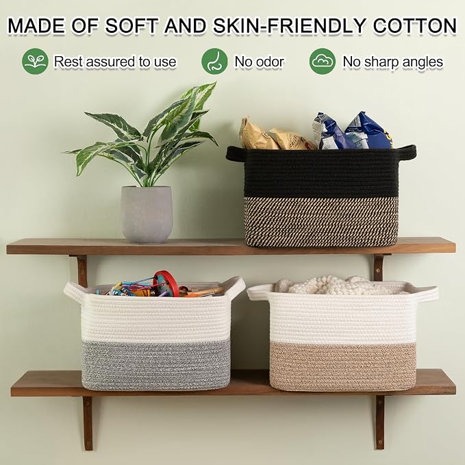 OIAHOMY Woven Storage Basket for Shelves, Rectangle Cotton Rope Baskets for Organizing, 16 x 12 x 10 in, Storage Bins for Dog Toys,Towel,Books,Gift,Brown and White