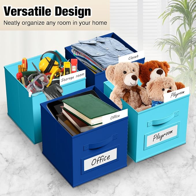 Teenyyou 10 Pack Fabric Storage Cubes 11 Inch Collapsible Cube Bins with Label Window & Handle Foldable Organizers Baskets for Shelf Closet Nursery Kids Room Clothes Book Toy(Lake Blue, Navy Blue)