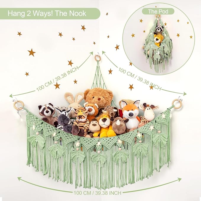 Macrame Stuffed Animal Storage with Star Light, Corner Hammock for Nursery | Corner Hanging Stuffed Animal Net Organizer for Girls' Room, Plushies Toy Wall Hanging Display Holder, Kid Gift