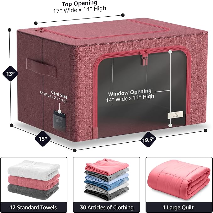 Sorbus Clothing Storage Bins with Clear Window, Metal Frame (2 Pack, Pink) | Oxford-fabric containers with carry handles stack neatly to organize bedding and linens in closets and laundry rooms.