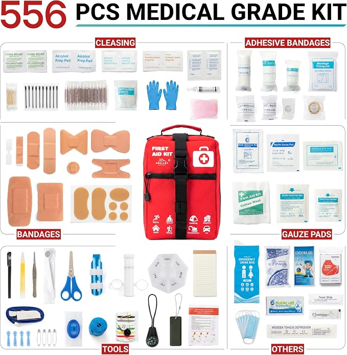 556 Piece Premium Large First Aid Kit, Survival Medical Bag with Labelled Compartments, Workplace Essential for Home & Sports, Molle Tactical Rip-Away Design, First Responders' Choice for Trauma