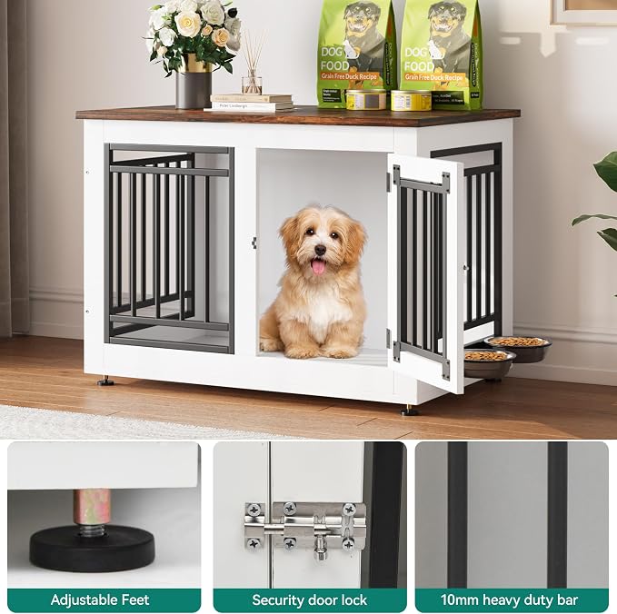YITAHOME 28" Dog Crate Furniture, Wooden Side End Table with Adjustable Feet and Removable Bowls, Dog Kennel Indoor for Small Dogs | Wooden Side End Table, Dog Kennel Indoor for Small Dogs