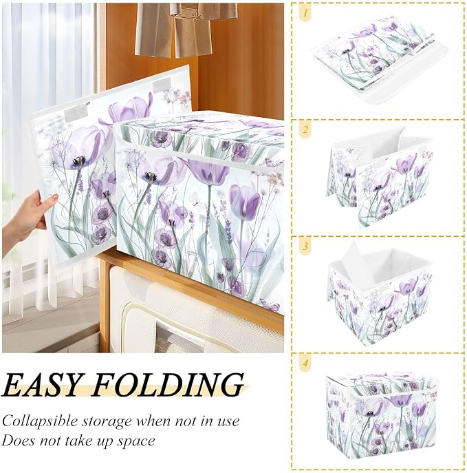senya Baskets Collapsible Storage Bins with Lids, Purple Tulips Flowers Pastel Storage Boxes Clothes Baskets for Organizing, B06D22020